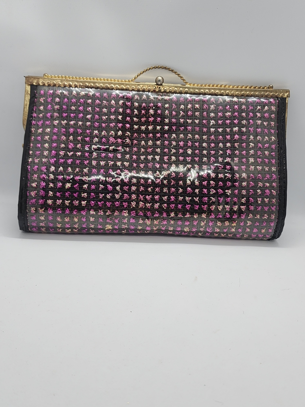 Vintage Purple Hardcase Minaudière Clutch Glitz Tile Gold Frame Evening Bag